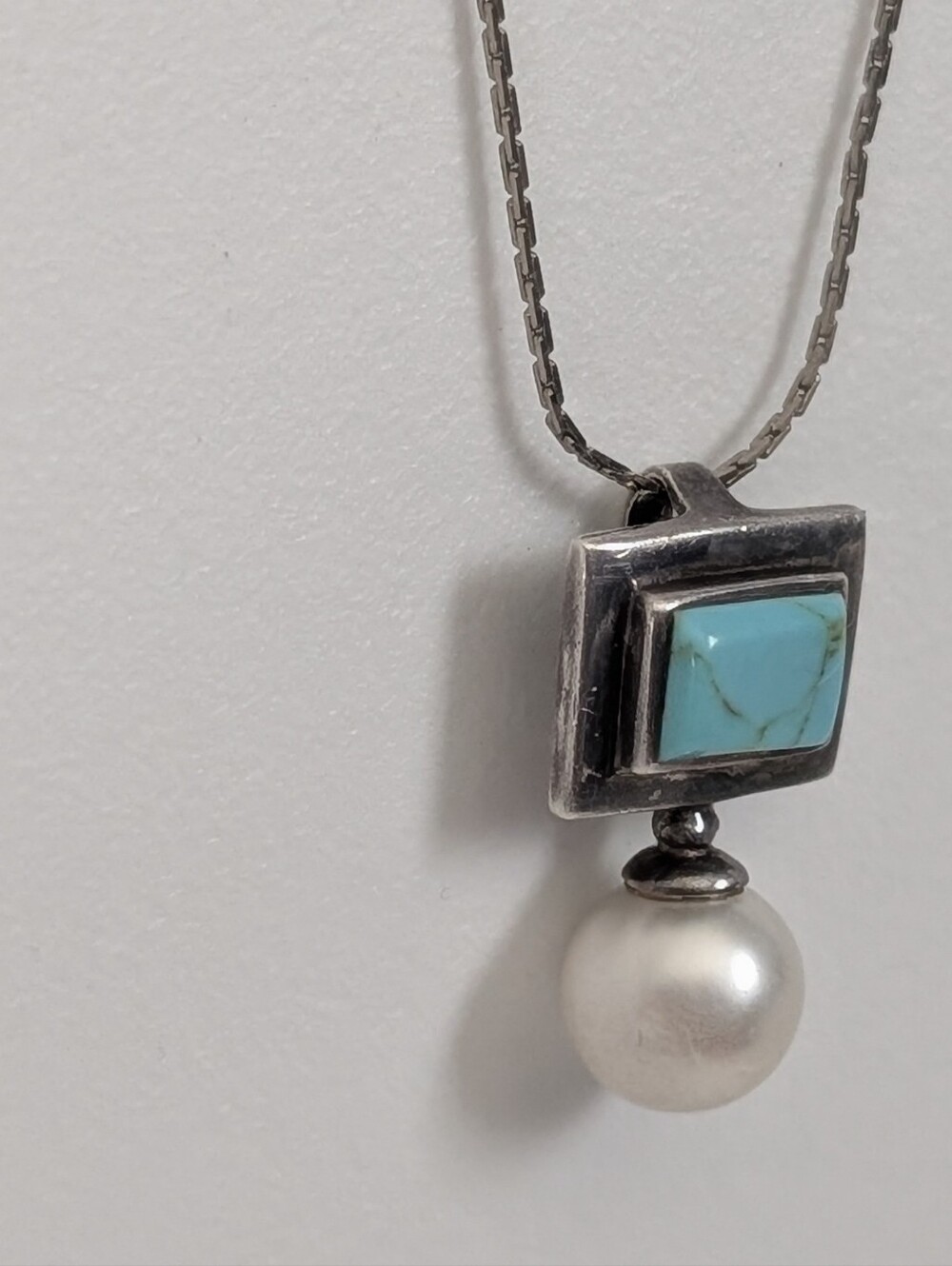 Turquoise & Pearl Sterling Pendant Necklace 925 - Picture 2 of 7
